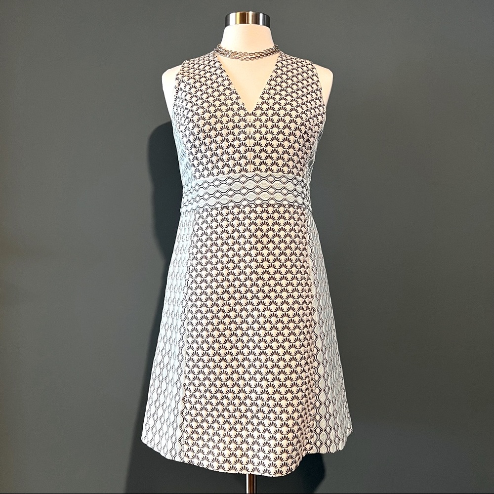 J. Crew Jacquard Sheath Dress - 10, Aqua, Cream, Dark Grey Geometric Print